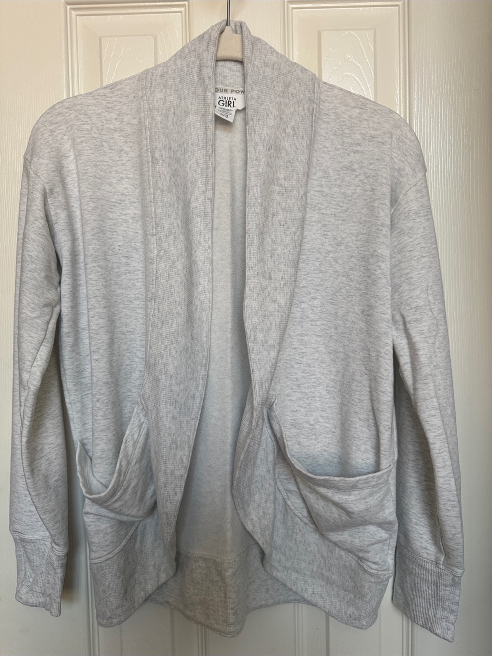Athleta Girl Heather Gray Open-Front Draped Cardigan. Size L/12